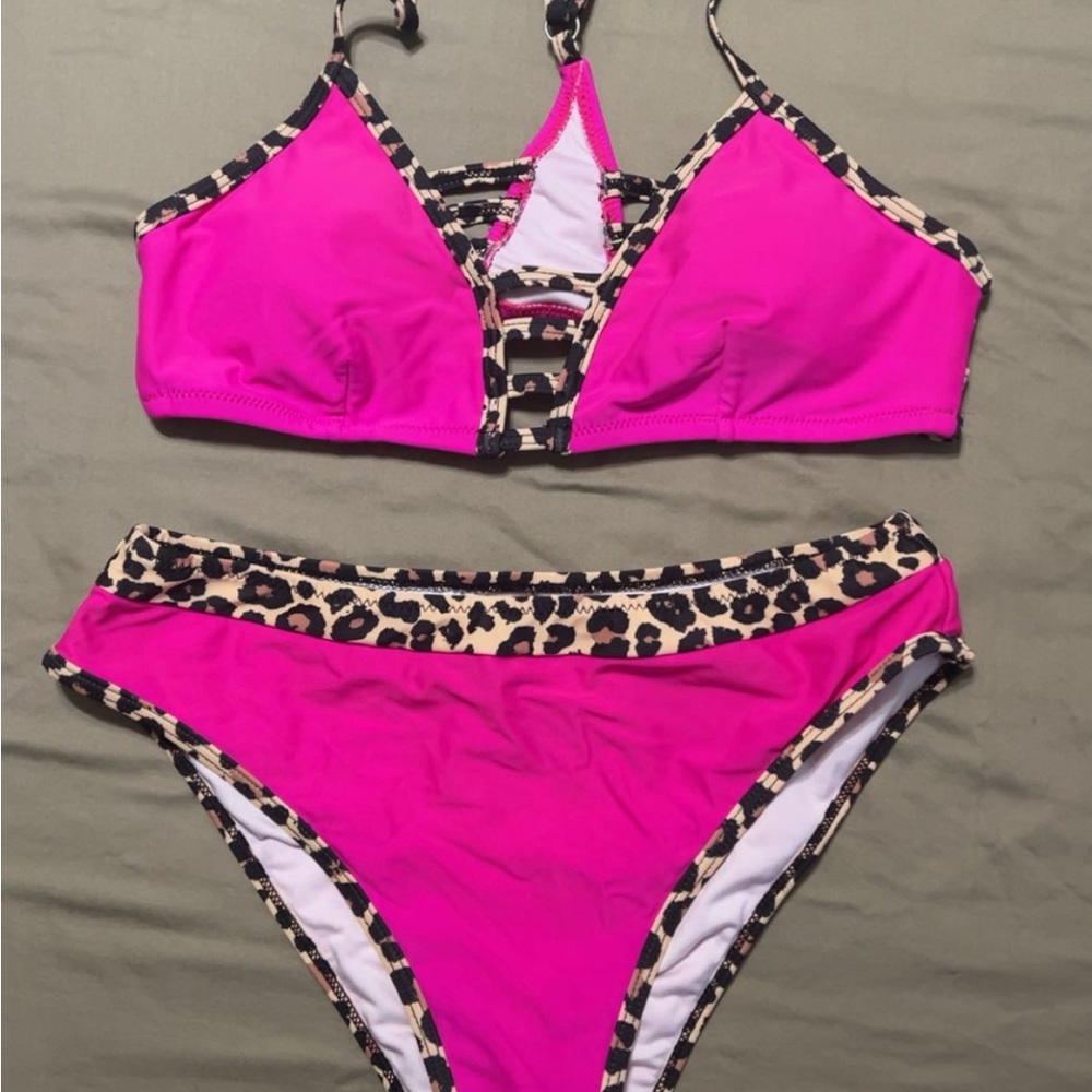 Hot Pink Bikini Set with Leopard Trim